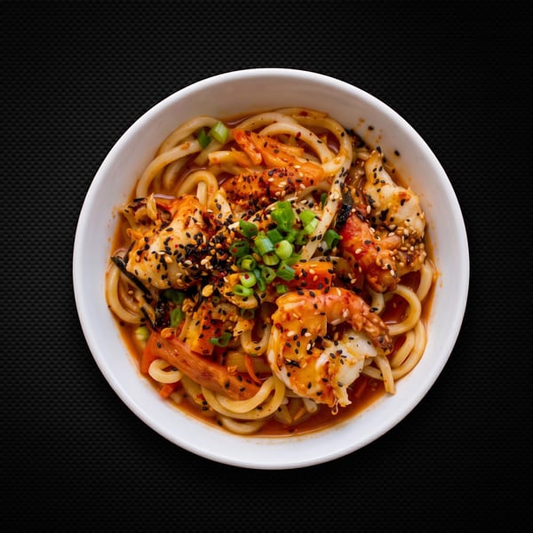 Spicy shrimp and udon noodle soup with kimchi, green onions, and sesame seeds in a white bowl.